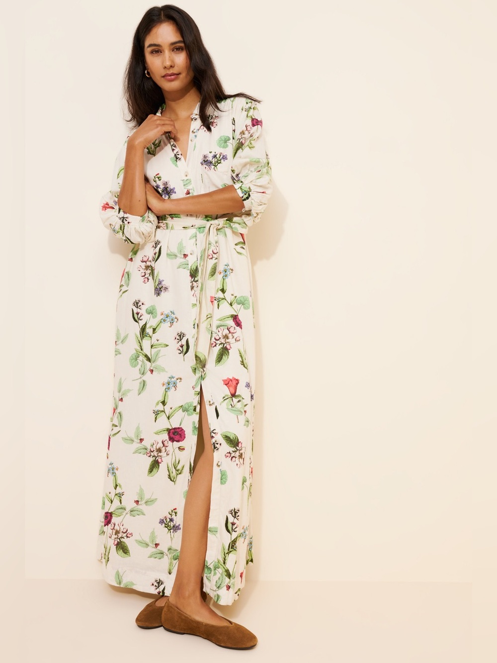 Anthropologie Maeve The Mona Linen Maxi Shirt Dress  Floral Sz L Multicolor